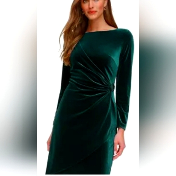 Draped Boat-Neck Velvet Sheath Dress HUNTER GREEN - Picture 1 of 5